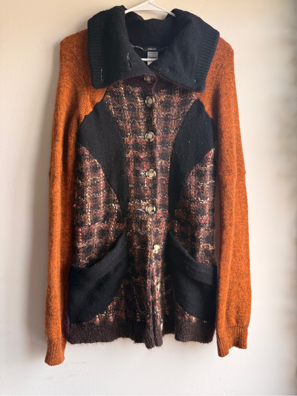 Preloved Handcut Upcycled Wool Blend Cardigan Jacket Black Rust Orange M/L